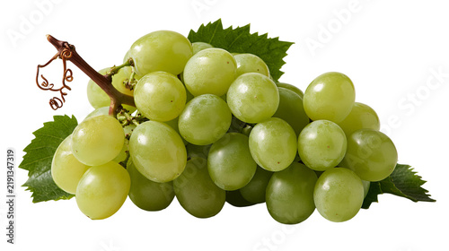 Fotografía Fresh cluster of ripe green grapes with vibrant leaves and woody stem
