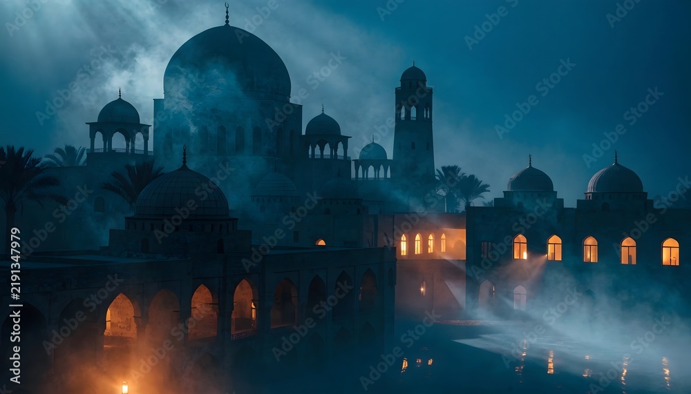 Obraz premium Traditional Islamic architecture mosque at night with mystic fog. Middle Eastern cultural heritage and travel destinations. Historic ancient mosque building glowing under mystical moonlight
