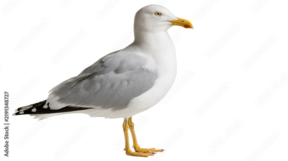 Fototapeta premium Adult European herring gull with white and grey plumage and yellow beak