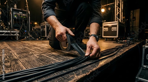 Audio technician securing cables on stage floor with black adhesive tape