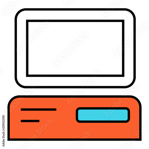 Modern Computer Server Equipment Front View Icon with a monitor, rectangular display, control panel, and colorful interface elements for technology and data center concepts.