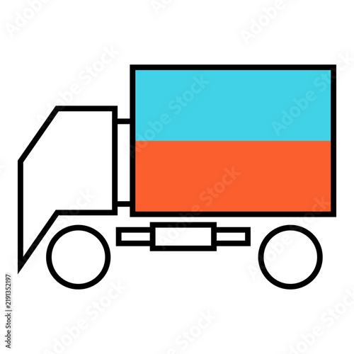 Modern Cargo Delivery Truck Transportation Icon with a large colorful container, wheels, cabin, and chassis, representing logistics, freight transportation, shipping, and distribution.