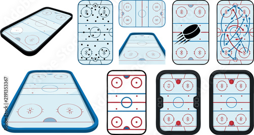 Ice Hockey Rink and Tactical Strategy Vector Set Featuring Playing Court Layouts Rink Diagrams Match Formations and Mobile Game Interface Graphics for Sports App Design