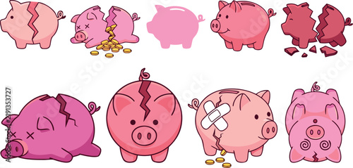 Broken Piggy Bank Vector Icon Set Featuring Cracked Pink Pigs Spilling Coins Adhesive Bandages and Bankruptcy Financial Crisis Symbols for Economic Debt Graphics