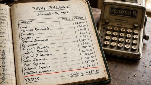 An open vintage accounting ledger displays a trial balance from December 31, 1957, alongside a classic mechanical calculator, highlighting historical financial record-keeping.