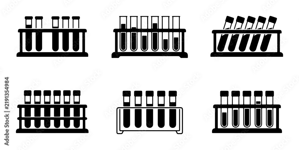 Obraz premium Black test tubes in racks, science laboratory equipment graphic design