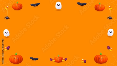 Cute and spooky Halloween frame background with pumpkins ghosts bats and candy corn on orange backdrop
