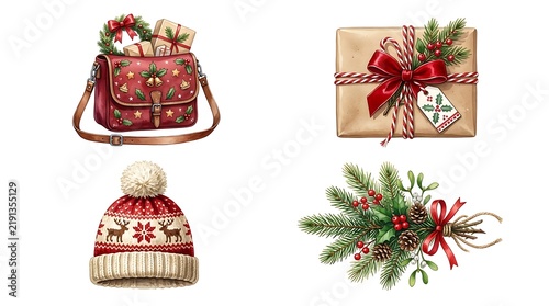 Set of christmas elements including a decorated bag, gift box, winter hat, and pine branches