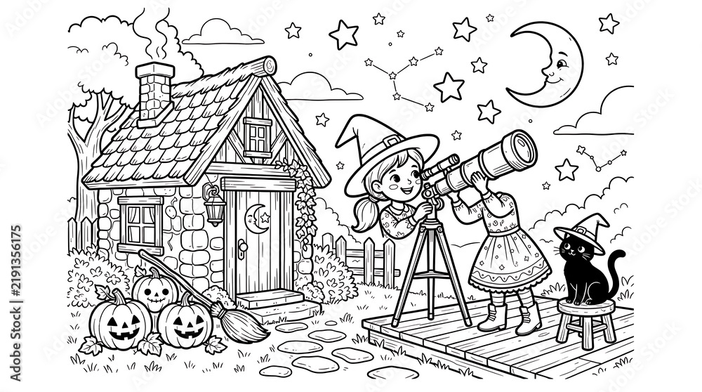 Fototapeta premium Young witch and friend using a telescope to observe the night sky with a crescent moon and stars outside a cozy stone cottage with pumpkins