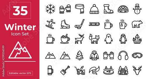A comprehensive collection of thirty five winter themed line art graphic elements in a professional icon set design