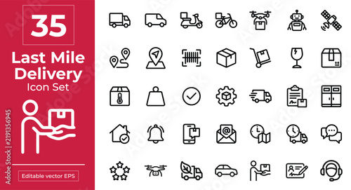 Comprehensive collection of thirty five last mile delivery service line art style vector icon set for logistics business