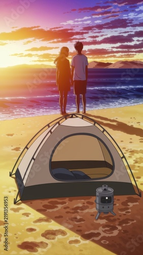 A couple standing on a beach near a tent and camping stove in anime style