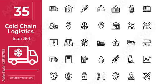 Comprehensive collection of thirty five cold chain logistics vector icons presented in a professional modern icon set design