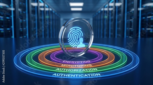 Digital fingerprint verification icon with concentric glowing security layers of authentication and authorization fingerprint scanner biometric security digital identity data protection tech icon