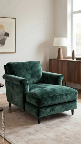 A green sofa sits in a modern room. Sunlight enters through the windows. There is a lamp and a wooden cabinet nearby. The setting looks simple and fresh Generative AI