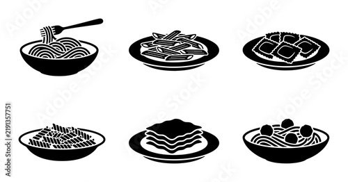 Black pasta icons set, Italian food, simple graphic design