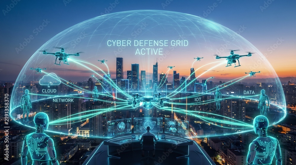 Obraz premium Cyber defense shield dome protecting a smart city with flying security drones digital protection data security system modern city surveillance drones cyber threat network security