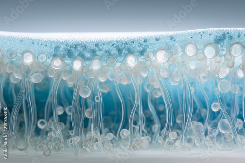 Abstract Translucent Cellular Tissue Structure on Blue White Background