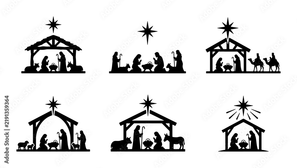 Obraz premium Black nativity scenes with stable and star, graphic design