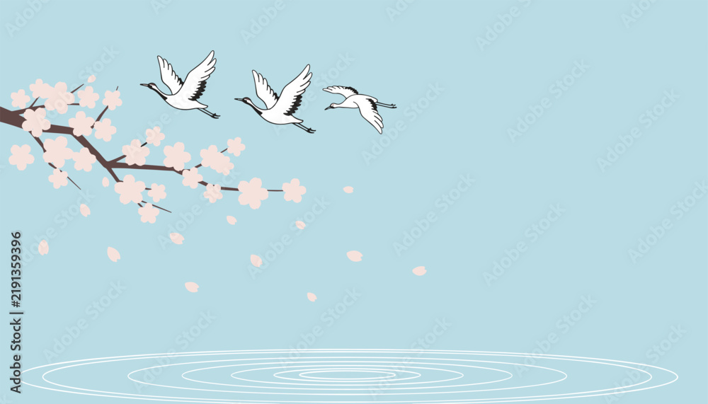 Obraz premium Japanese style illustration of three elegant cranes flying over water under blooming pink cherry blossom branches.