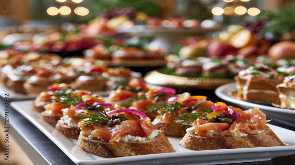 Fototapeta premium Elegant smoked salmon canap?s with cream cheese, capers, fresh dill, and pickled onions served on toasted bread for a stylish appetizer spread