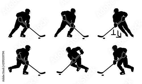 Canvas Print Six black hockey player silhouettes in motion on white