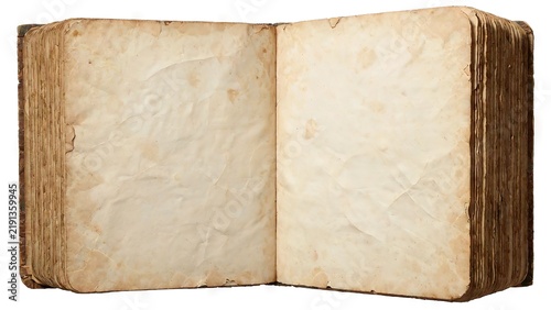 Open old blank aged book with weathered yellowed pages and worn edges