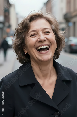 Caucasian elderly woman stands on a street with a big smile on her face. People walk by and cars are parked nearby. It is a cloudy day in the city Generative AI