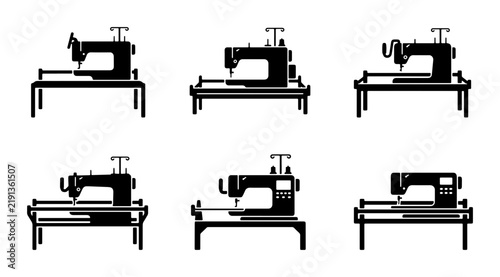 Black silhouettes of sewing machines on tables, industry icons