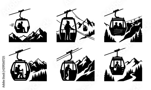 Black cable car icons with mountain landscapes, adventure and travel