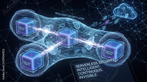 Continuous invisible serverless security intelligence diagram with interconnected digital data blocks intelligent security continuous protection cyber security cloud computing network intelligenc