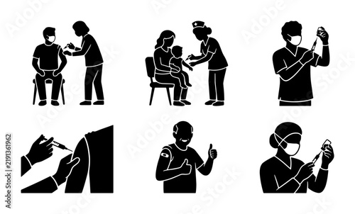 Black and white vaccination icons, set for medical healthcare and