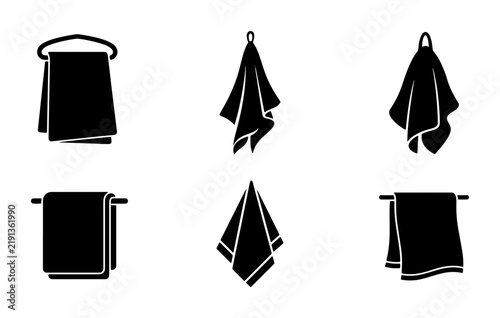 Black towel icons, graphic set for hygiene and bathroom design