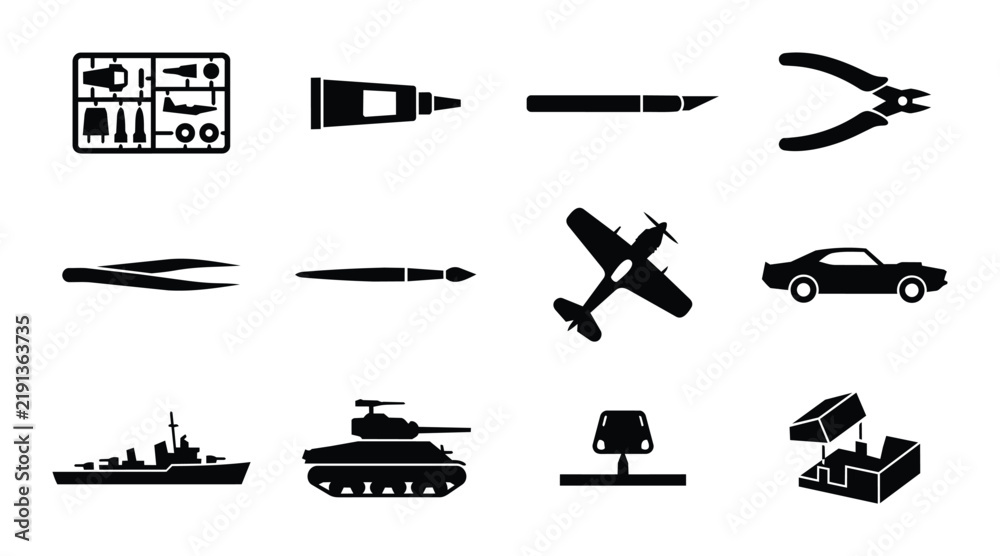 Obraz premium Model Building Tools and Kits Vector Icons, Hobby Craft Supplies, Miniature Vehicle Models, Precision Tools, Crafting Equipment, DIY Assembly Set, Hobbyist Gear, Creative Projects