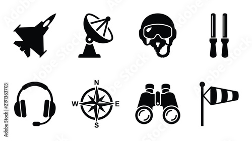 Aviation Icons Set: Jet Fighter, Radar Dish, Pilot Helmet, Flight Gear, Headset, Compass, Binoculars, Wind Sock