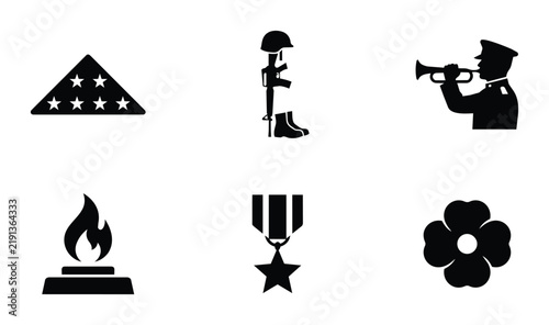 Obraz na plátně Patriotic Memorial Icons Set, Military Remembrance Symbols, American Flag Folded