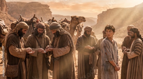 Brothers of Joseph count silver coins in a desert canyon as bound Joseph looks back during the sale of Joseph into Egypt in a biblical scene.