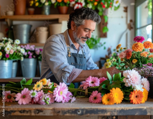 Male Florist Creating a Colorful Flower Arrangement in His Local Shop