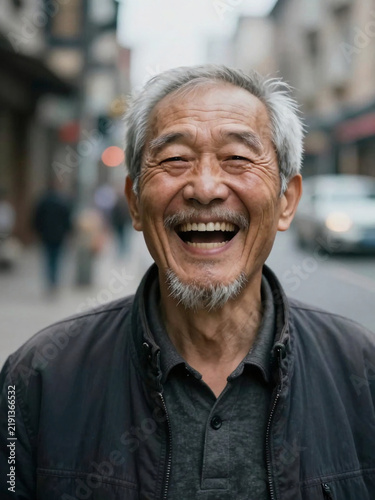 An Asian elderly man stands on a street smiling at passersby. He enjoys the day surrounded by shops and cars in an urban setting. The streets are alive with activity Generative AI