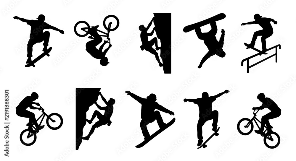 Fototapeta premium Extreme Sports Silhouettes Collection: Skateboarding, BMX, Rock Climbing, Snowboarding, and Rail Grinding Action Icons