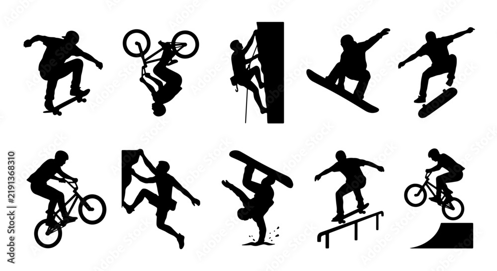 Fototapeta premium Extreme Sports Silhouettes Collection: Skateboarders, BMX Riders, Snowboarders, and Rock Climbers in Dynamic Action Poses, Vector Graphic Elements for Active Lifestyle Design