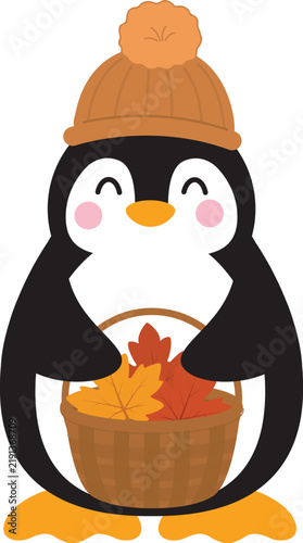 Cute Happy Penguin Wearing Knit Beanie Holding Wicker Basket of Maple Leaves Vector