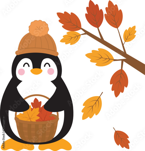 Cute Kawaii Autumn Penguin with Maple Leaves & Wicker Basket Vector Set