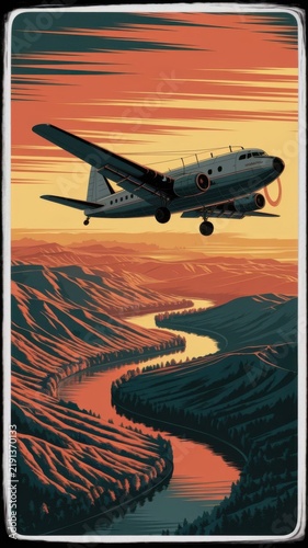 Air craft plane with cargo shipping delivery move transport. Adventure vacation business vibe. Graphic Art