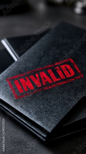 Black document folder stamped with a bold red invalid mark symbolizing rejected or unacceptable paperwork on dark textured surface background