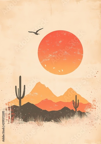 Warm sunset over arid desert landscape with silhouetted cacti and mountains in a vintage minimalist illustration style
