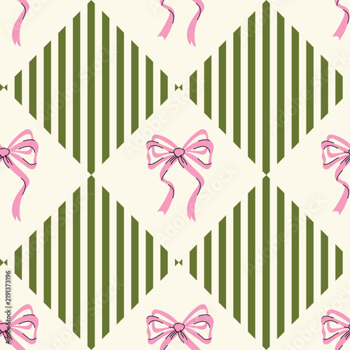 Seamless geometric vector pattern with diamond grid, green stripes on a cream background, and cute pink bows. Perfect for Christmas wrapping paper, gift packaging, textile prints, wallpaper