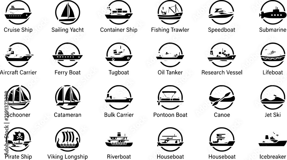 Fototapeta premium Maritime ship and boat vector icon set circular framed vessel collection with labels