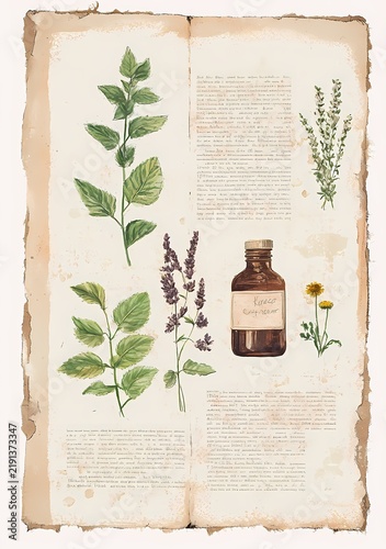 Vintage herbal botanical illustration featuring various medicinal plants and a glass bottle with an apothecary label and text description