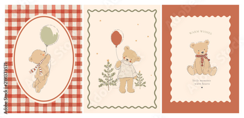 Vintage Christmas Teddy Bear Card and Poster Set, Cute Cottagecore Vector Illustrations with Balloons, Plaid and Winter Trees
